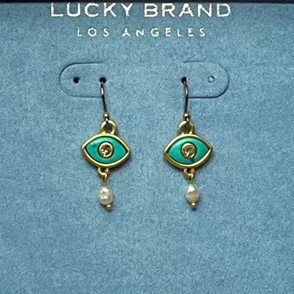 NIB Lucky Brand Gold-Tone, Green Stone & Pearl Evil Eye Drop Earrings - Picture 3 of 8